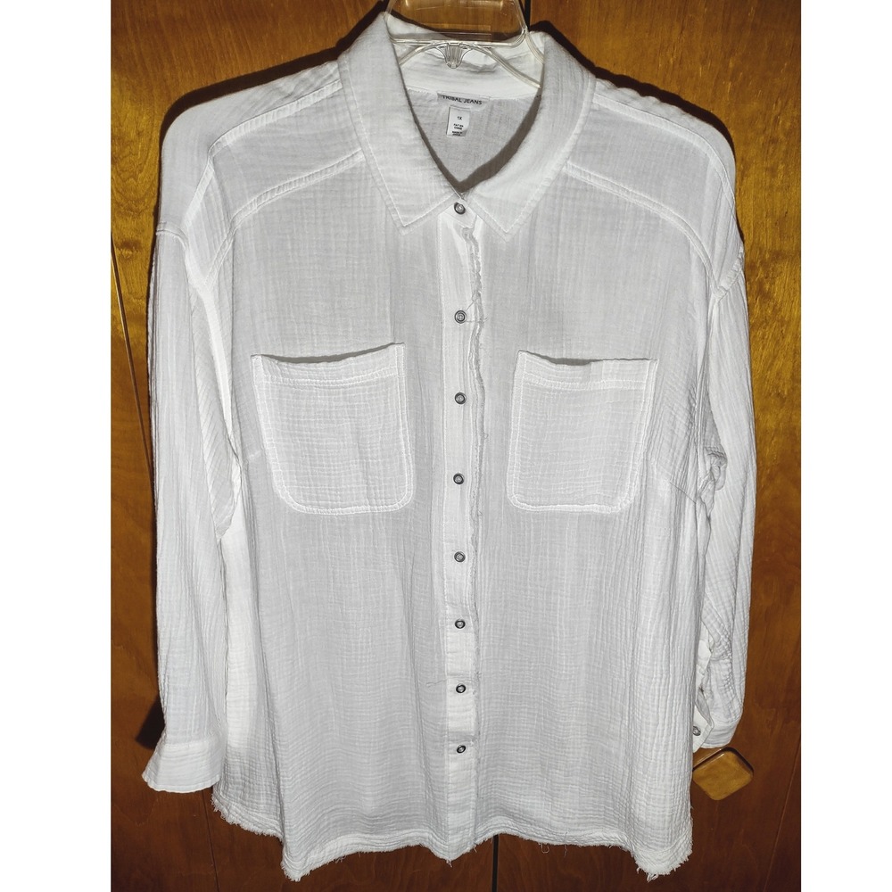 Tribal Jeans White Gauze Button‎ Down Shirt Women's Plus Size 1X Raw Hem
